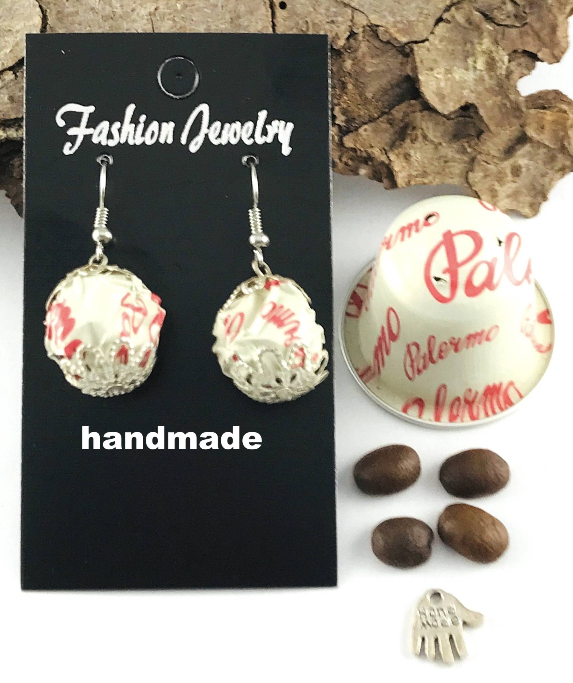 NespressoKapsel Weißrotohrschmuckohrringeohrsteckergeburtstaghandarbeithandmadekapselschmuckeinzelstücke von schmuckfrieda