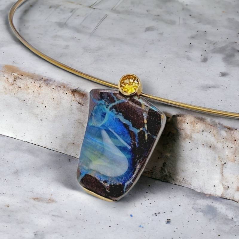 Boulder Opal Und Citrin Anhänger Aus 750 Gelbgold 925 Silber I Opalschmuck Edelsteinschmuck Weihnachtsgeschenk Damenschmuck von schmucklinieshop