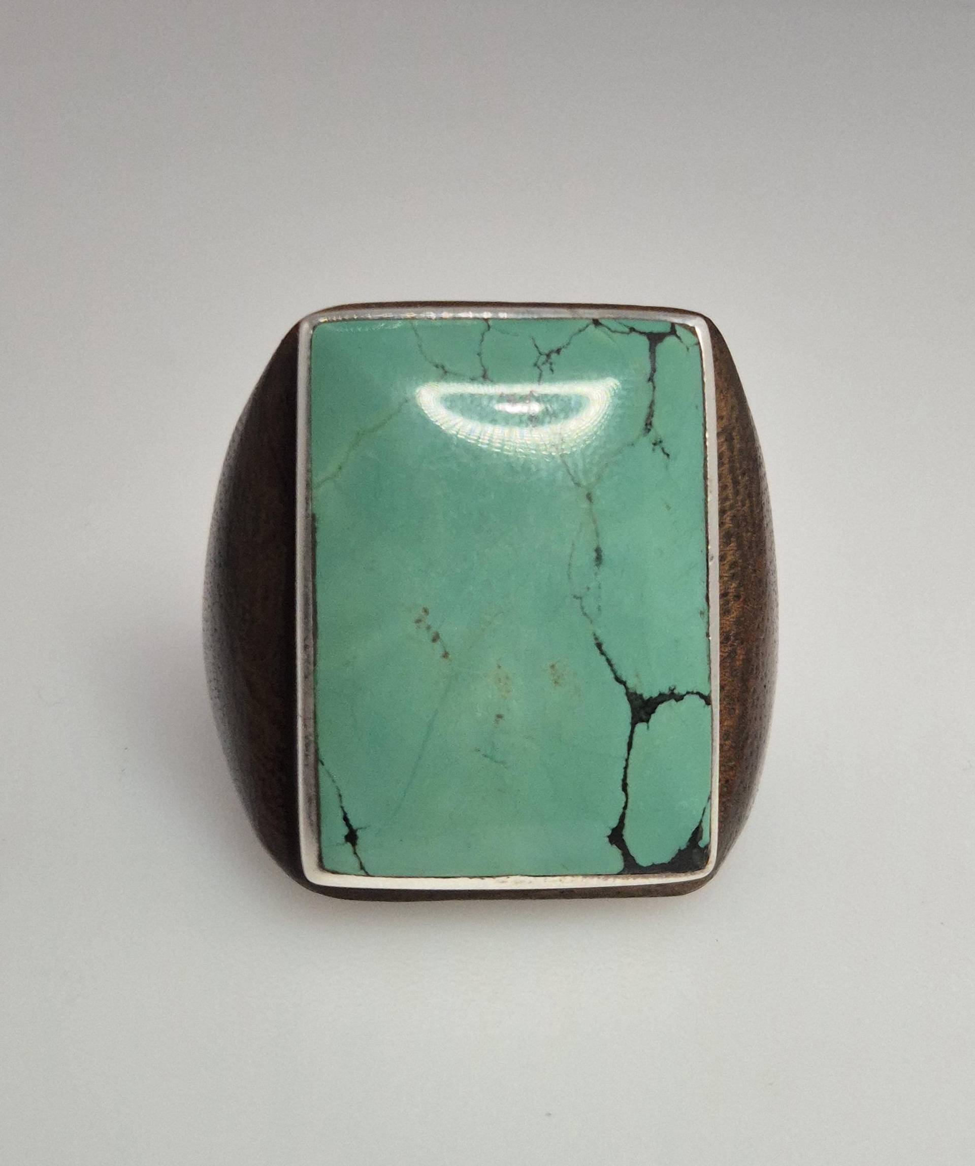 Ebenholz-Silber-Ring Mit Grünem Türkis Viereck, Größe 56 - Schmuckrausch Vintage 1847 von schmuckrauschVINTAGE