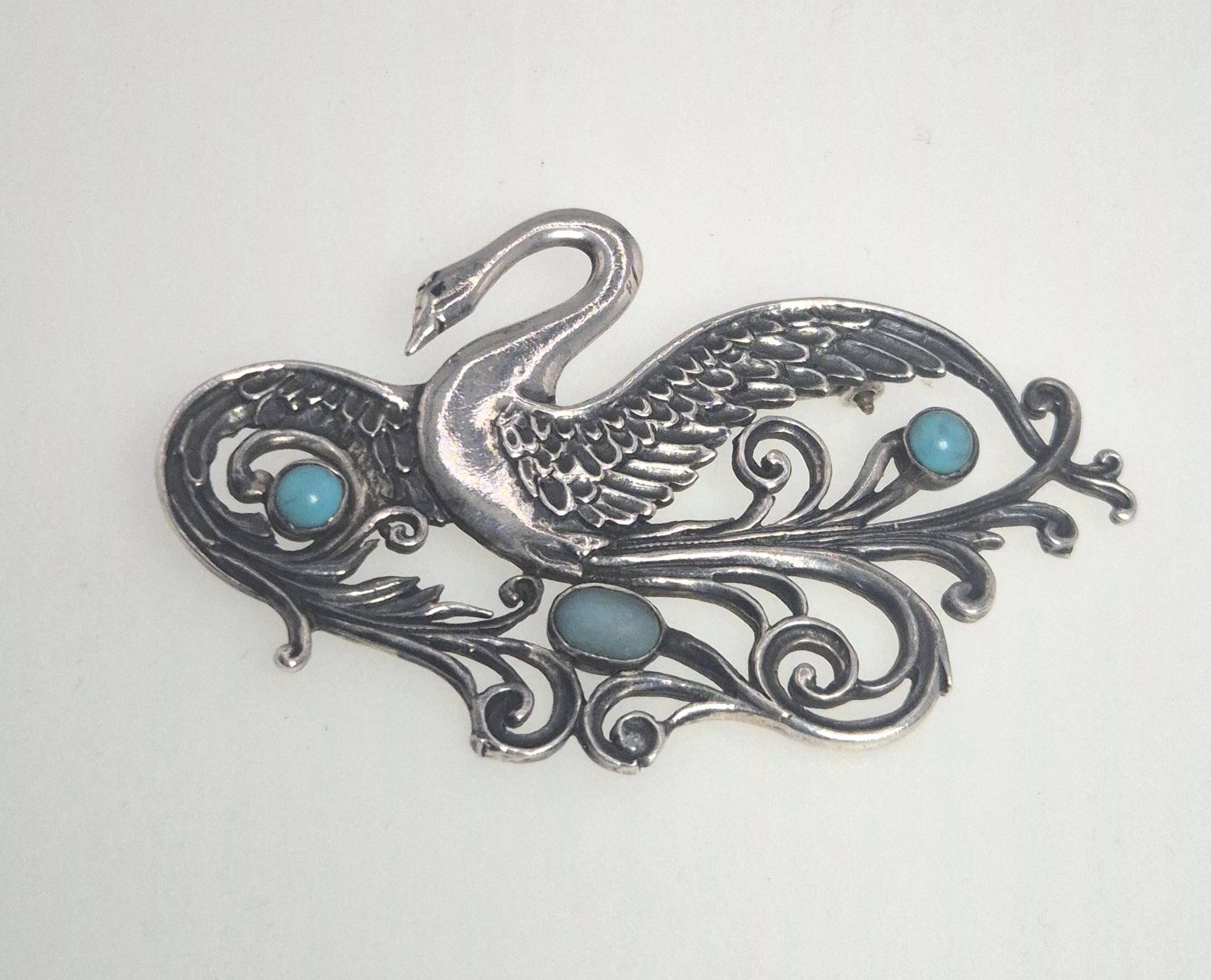Jugendstil Brosche Schwan 925 Silber Mit Türkis Cabochons, Durchbrochene Arbeit Schmuckrausch Vintage 1267 von schmuckrauschVINTAGE