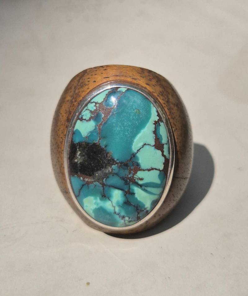 Türkis-Ring Größe 52 Makassar Ebenholz & Silber 925 Sono-Holz Grüner Türkis Mit Matrix 26 Mm Stein 10 G Unikat I 1634 von schmuckrauschVINTAGE
