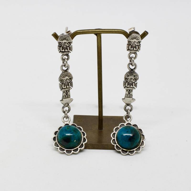 925 Silber Ohrringe Ohrstecker Peru Maya Inka Azteken Chrysokoll Stein Edel Einzigartig von schmuckvintage2020