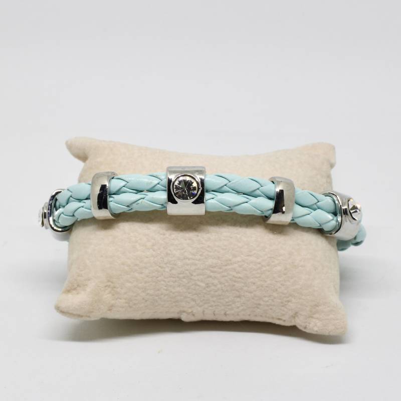Armband Kunstleder Geflochten Zweireihig Hellblau Module Schieber Silberfarbe Mit Kristall Steine Modern Irina Schmuck Damen von schmuckvintage2020
