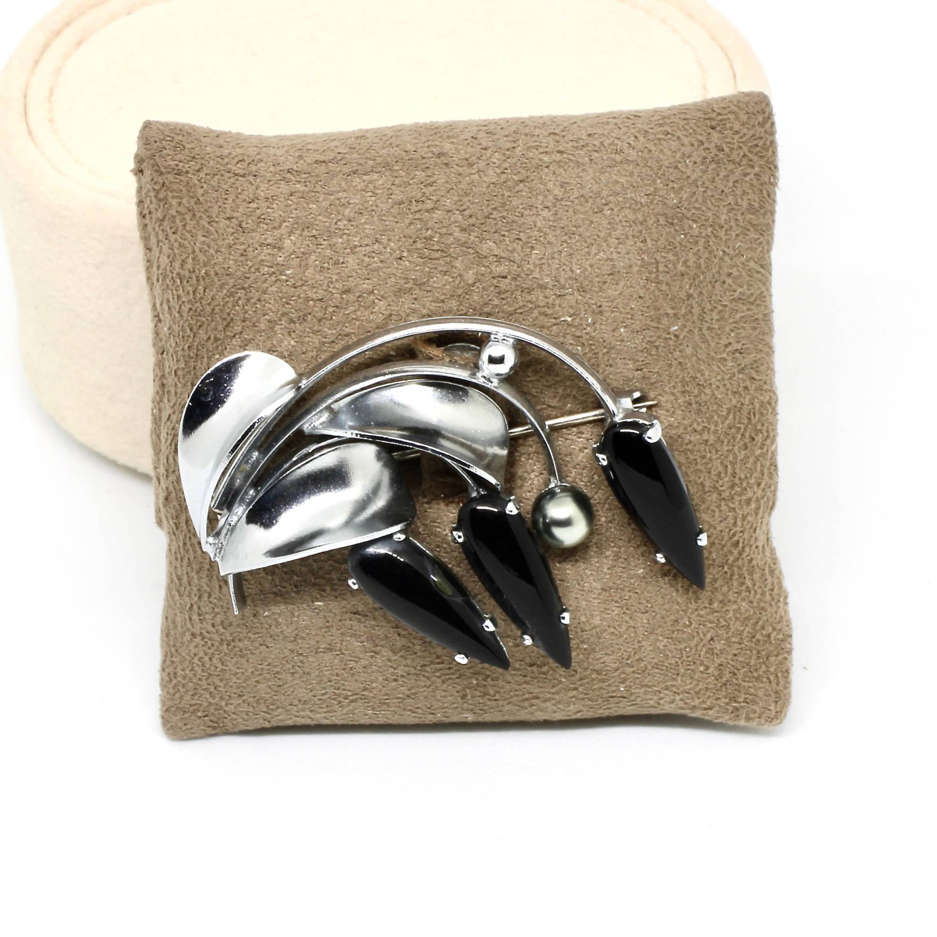 Art Deco Brosche Silber Farbe Blume Tulpen Schwarze Steine Vintage Damenbrosche von schmuckvintage2020