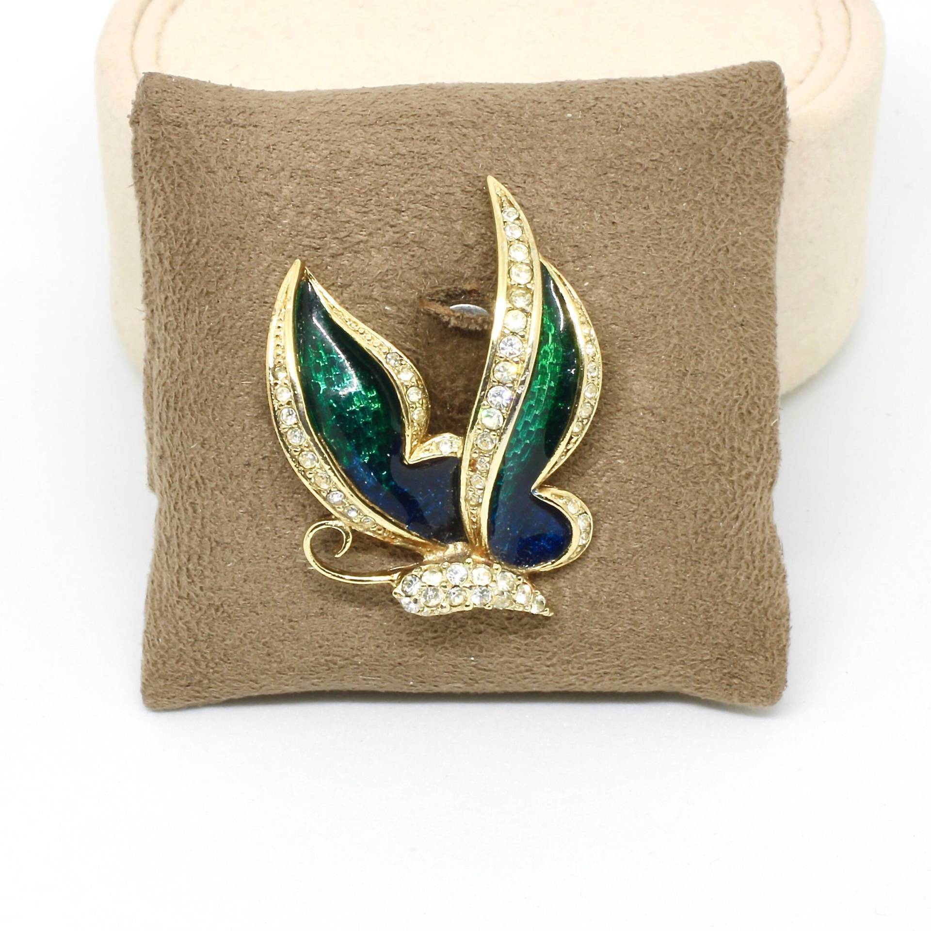 Attwood & Sawyer Brosche Schmetterling Gold Farbe Flugtier Grün Glasiert Designer Edel Hochwertig von schmuckvintage2020
