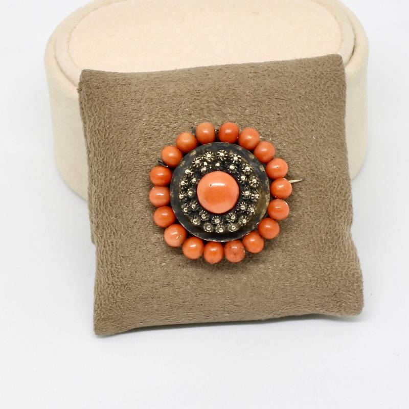 Biedermeier Brosche Tombak Rund Korallen Steine Lachsrot Korallenrot 19. Jahrhundert Antik Selten Rarität von schmuckvintage2020
