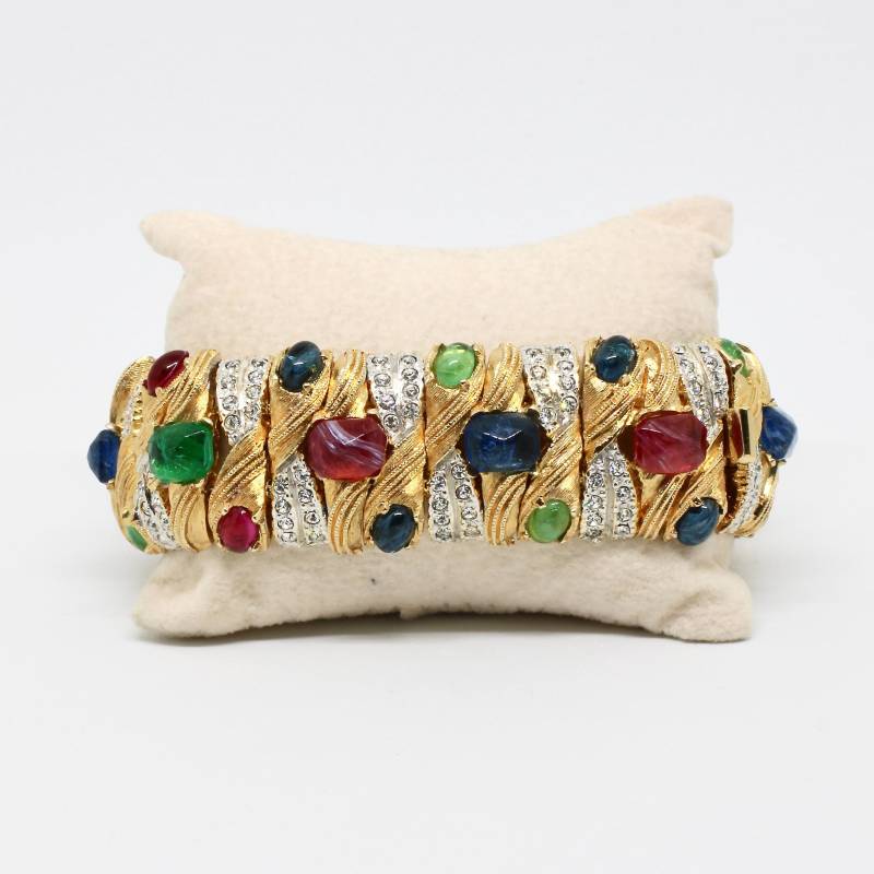 Bijoux Cascio Armband Gold Farbe Mit Cabochon Steine Rubinrot, Smaragdgrün, Saphirblau , Strasskristalle, Florenz Italien Massiv Hochwertig von schmuckvintage2020