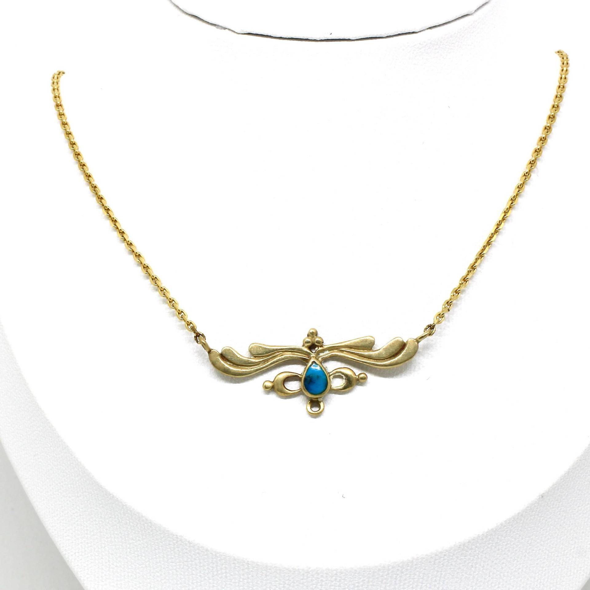 Collier Gold Double Türkis Stein Tropfen Bronze Vintage Halskette Verspielt, Zierlich von schmuckvintage2020