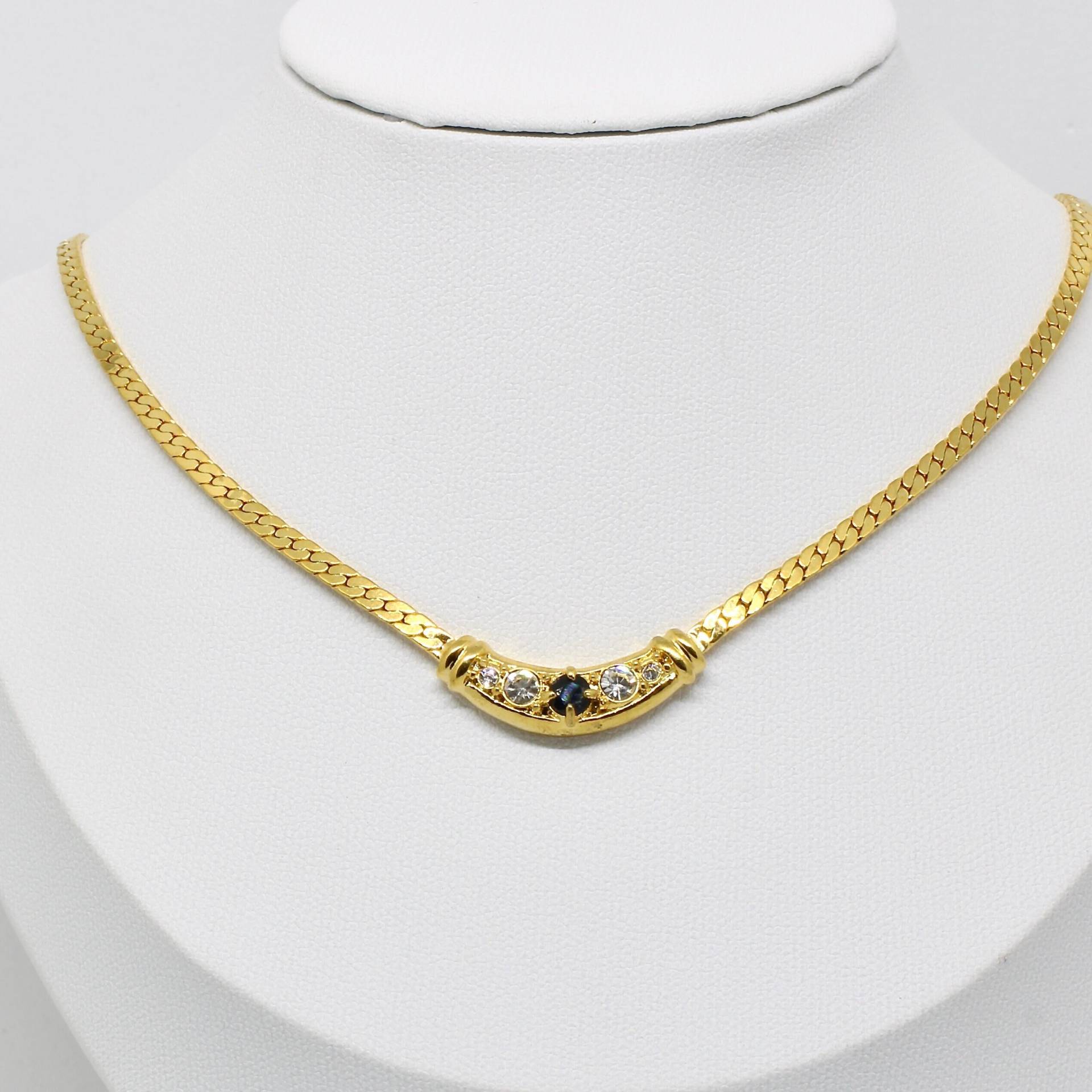 Collier Halskette Kette Goldfarbe Weißer, Blauer Runder Stein Kristalle Festlich Damencollier von schmuckvintage2020
