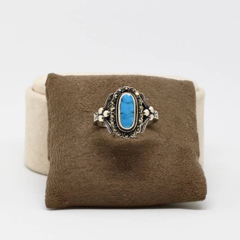 Eleganter Ring Türkis Markasit Stein 925 Silber Oval Größe 62 Damen von schmuckvintage2020
