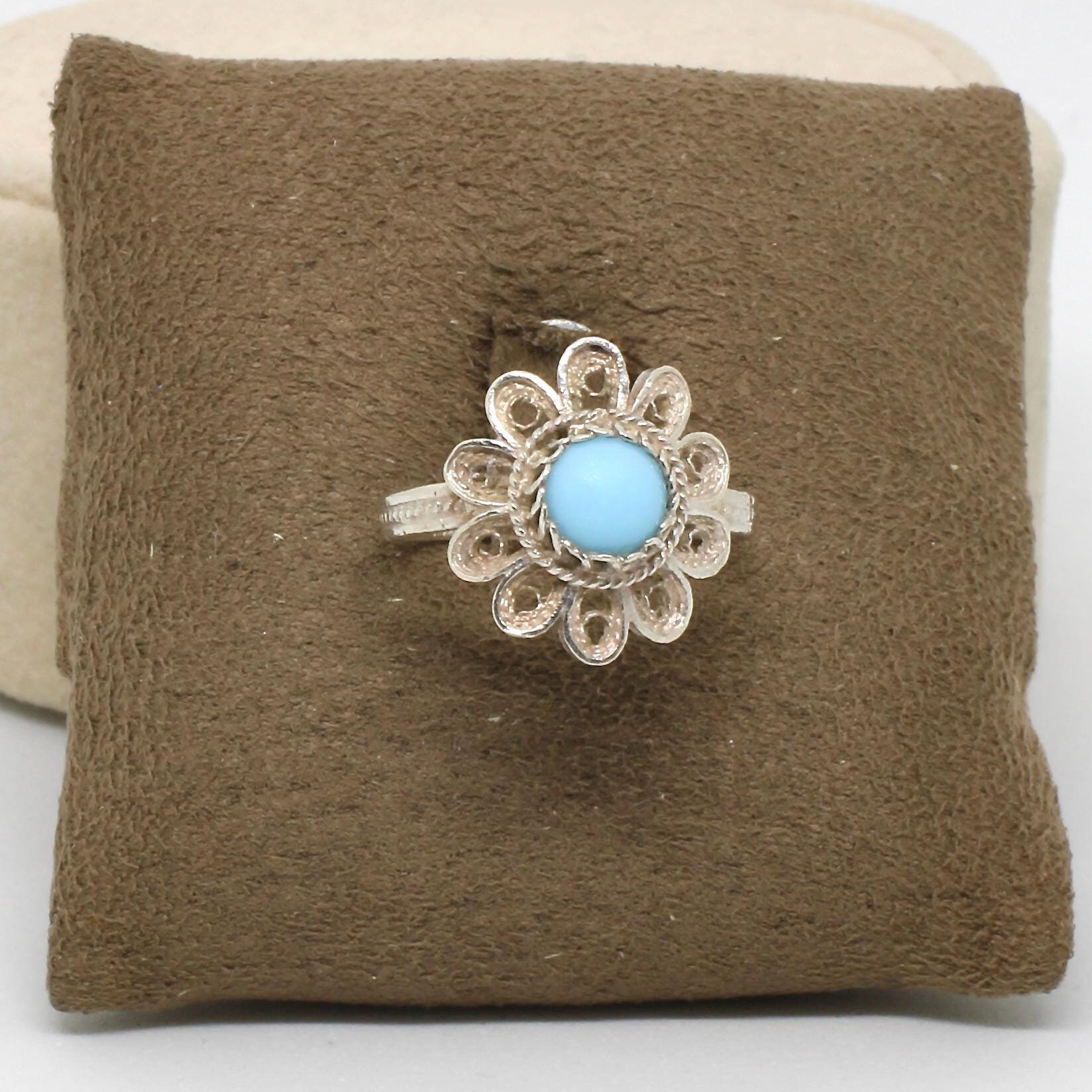 Filigraner Ring Blume Silberdraht Hellblauer Stein Rund Verspielt Edel Gr.54 Vintage Damenring von schmuckvintage2020