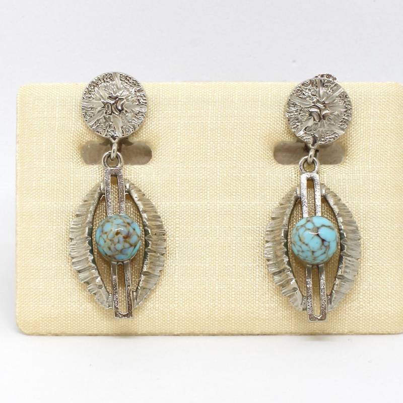 Hängende Ohrclips Silberfarbe Kugel Türkis Howlith Beweglich Festlich Damen Vintage von schmuckvintage2020