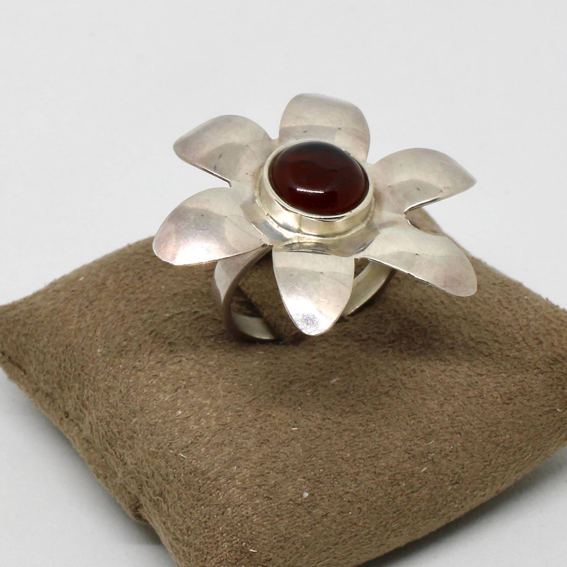 Handgemachter Ring Sonnenblume Bernstein 950 Silber Gr.54, Sägearbeit , Wuchtig Damenring Unikat von schmuckvintage2020