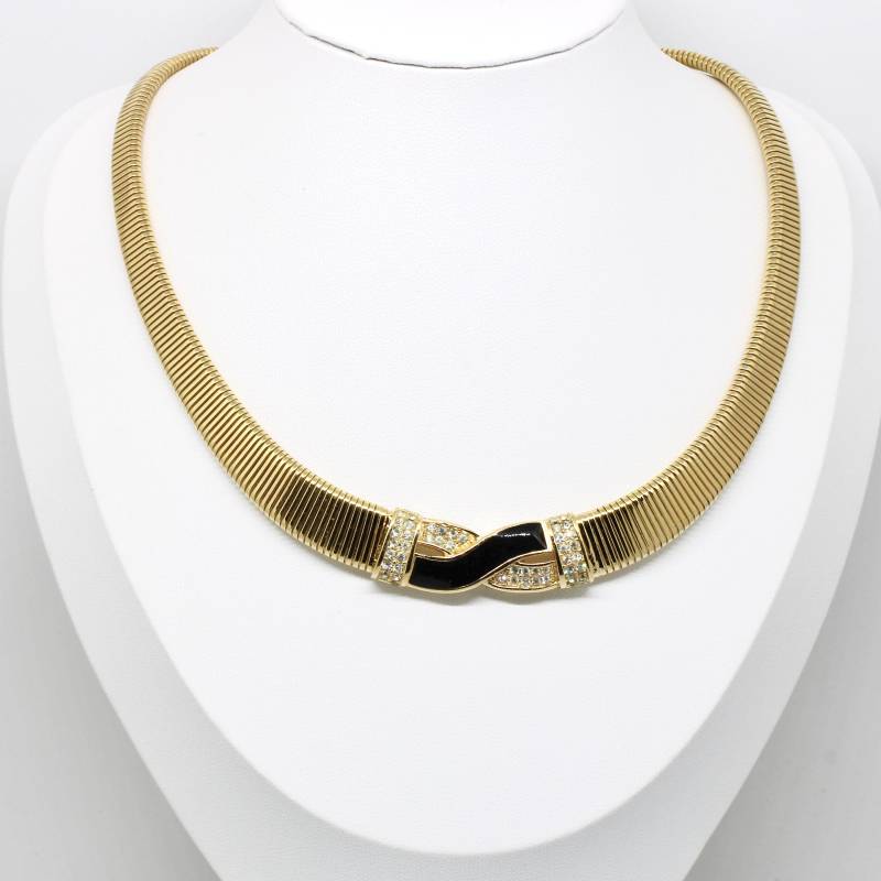 Henkel & Grossé Collier Kette Halskette Gold Farbe Stretch Schwarz Glasiert Kristall Steine Designer 60Er Jahre Edel von schmuckvintage2020