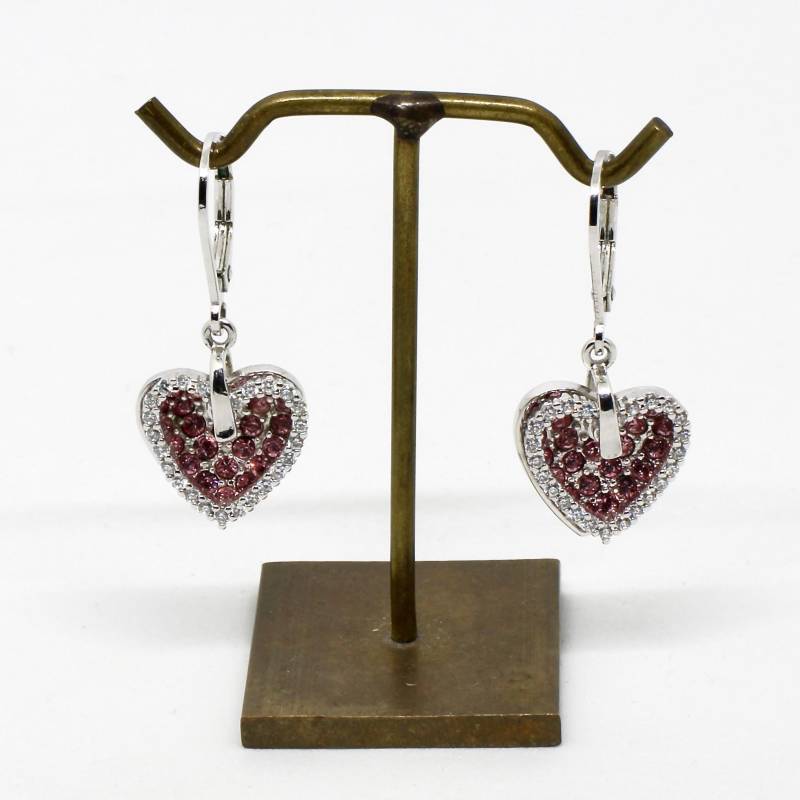 Herzohrringe Silberfarbe Hängend Beweglich Rosa Und Helle Kristalle Klappbrisur Designer Für Verliebte Geschenk von schmuckvintage2020