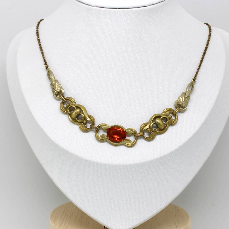Jugendstil Collier Kette Halskette Tombak Gold Farbe Synth. Citrin Stein 30Er Jahre Antik Festlich von schmuckvintage2020