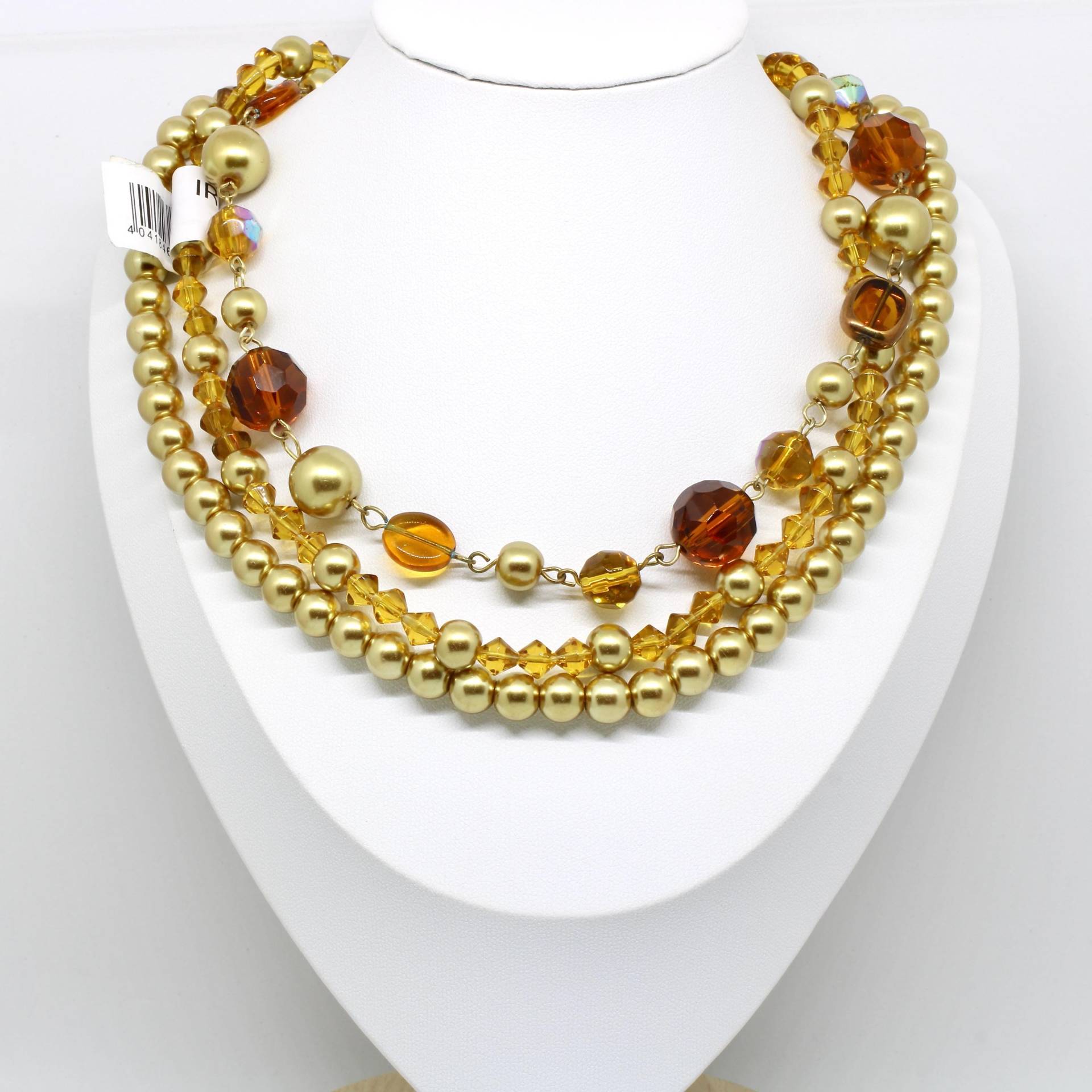 Kräftiges Halskette Perlenkette Goldfarbe Matt Dreireihig Glasperlen Elegant Vintage Wuchtig von schmuckvintage2020