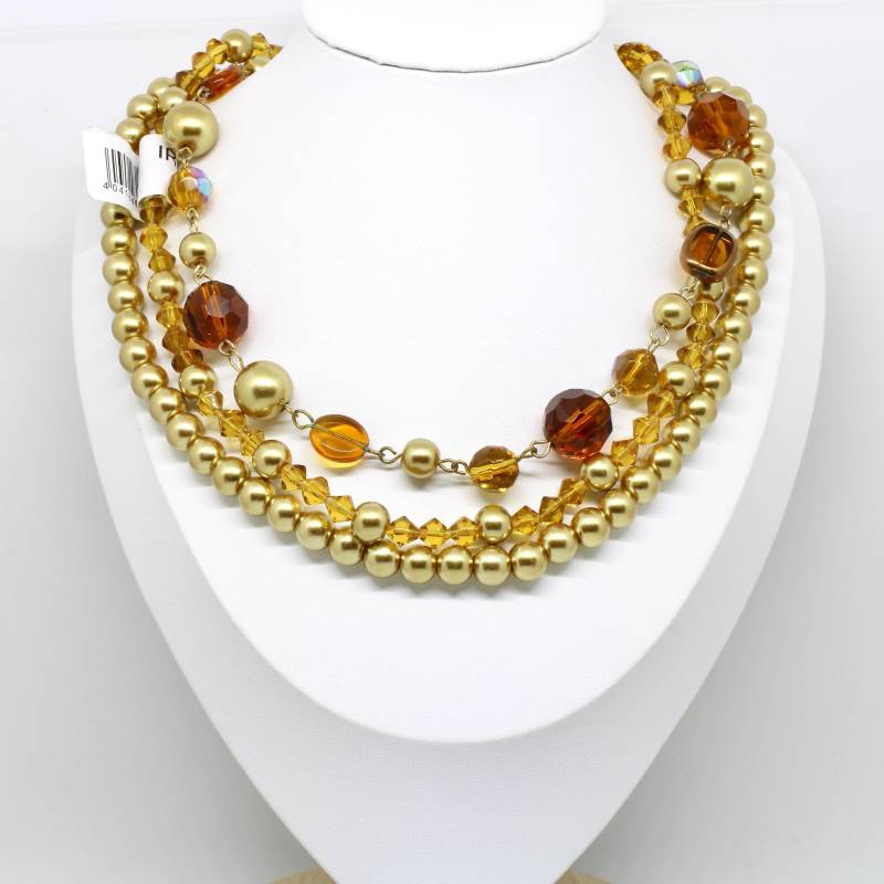 Kräftiges Halskette Perlenkette Goldfarbe Matt Dreireihig Glasperlen Elegant Vintage Wuchtig von schmuckvintage2020