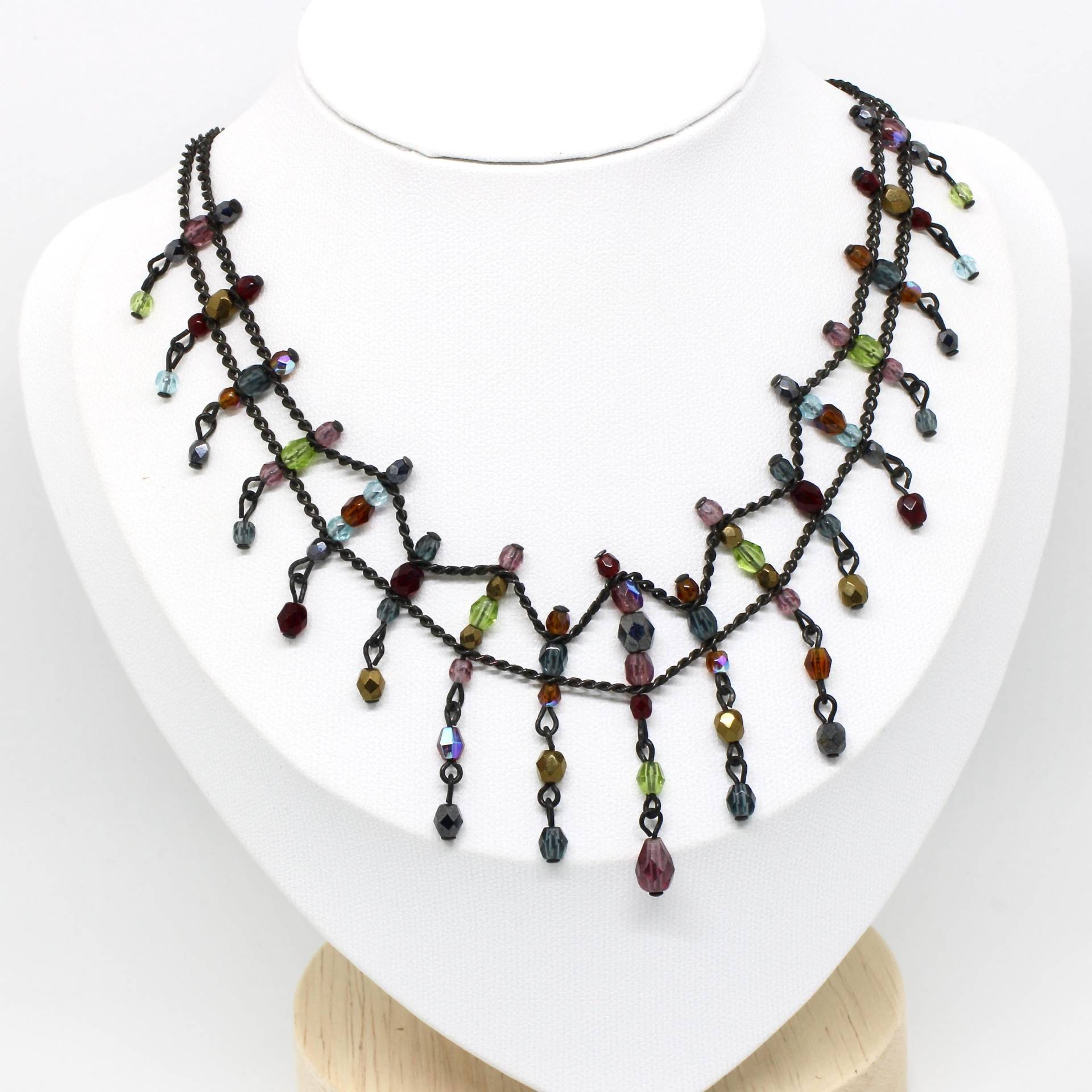 Kropfkette Halskette Schwarz Kristalle Bunt Beweglich Zweireihig Vintage Damanekette von schmuckvintage2020