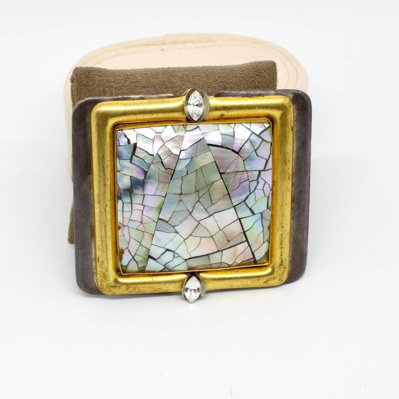 Designer Langani Brosche Eckig Messing Seeopal Mikromosaik Arbeit von schmuckvintage2020