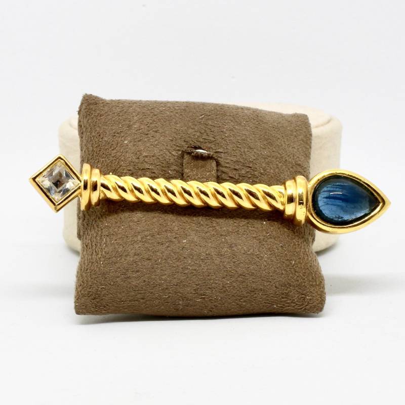 Lr Joyce Brosche Gold Farbe Glasstein Blau Und Klar Designer Für Frau 80Er Jahre von schmuckvintage2020