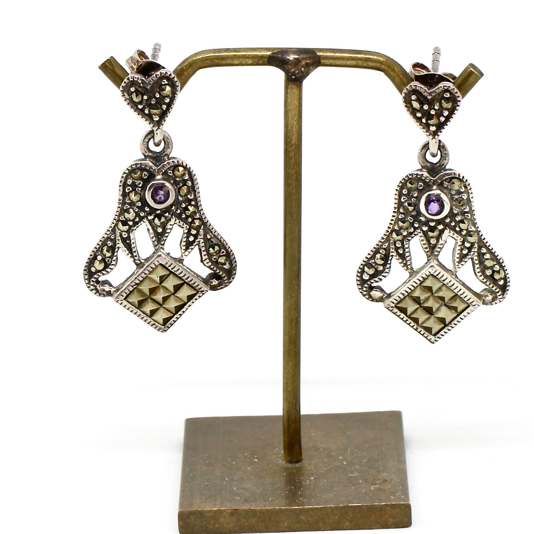 Markasit Ohrstecker Amethyst Stein 925 Silber Hänger Funkelnd Vintage Edel Hochwertig Damen von schmuckvintage2020