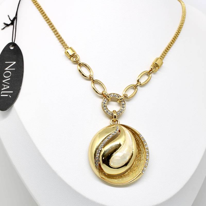 Moderne Halskette Mit Anhänger Befestigt Rund Perlmutt Steine Und Kristallglas Geschliffen Novalia - Schmuck Zeitlos von schmuckvintage2020