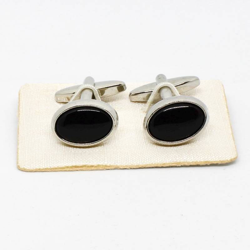 Pierre Cardin Manschettenknöpfe Oval Silberfarbe Schwarzer Stein Herrenschmuck Hochzeit Jubiläum Designer von schmuckvintage2020