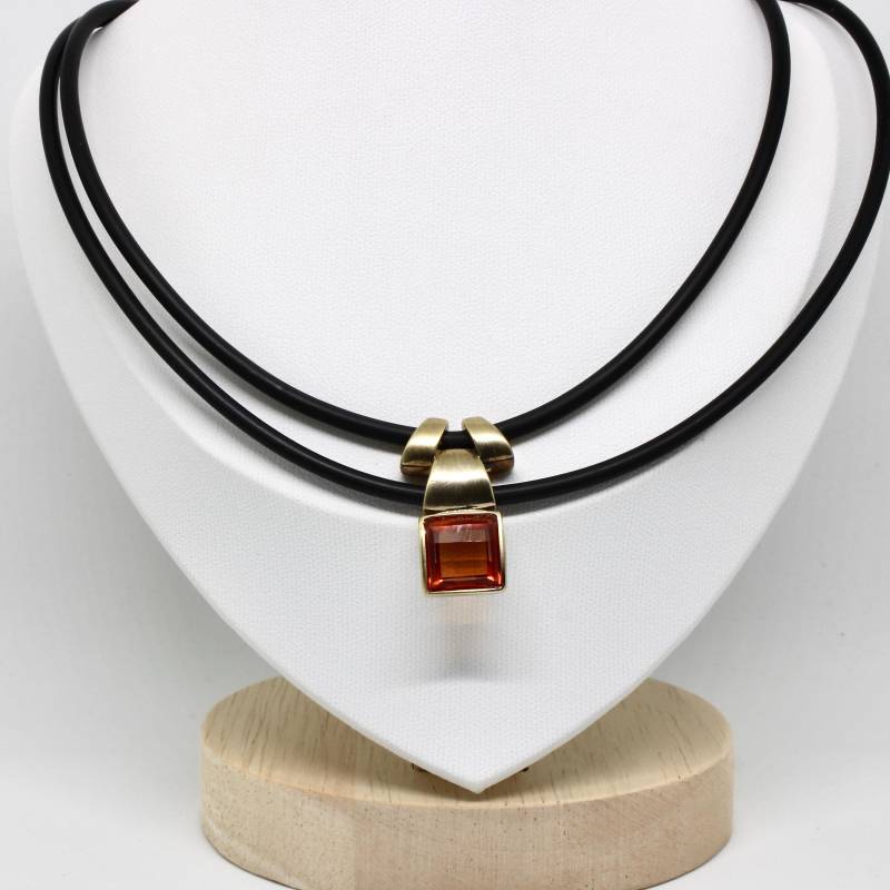Pierre Lang Halskette Kautschuk Band Schwarz Anhänger Goldfarbe Glanzlos Oranger Kristall Hochwertig von schmuckvintage2020
