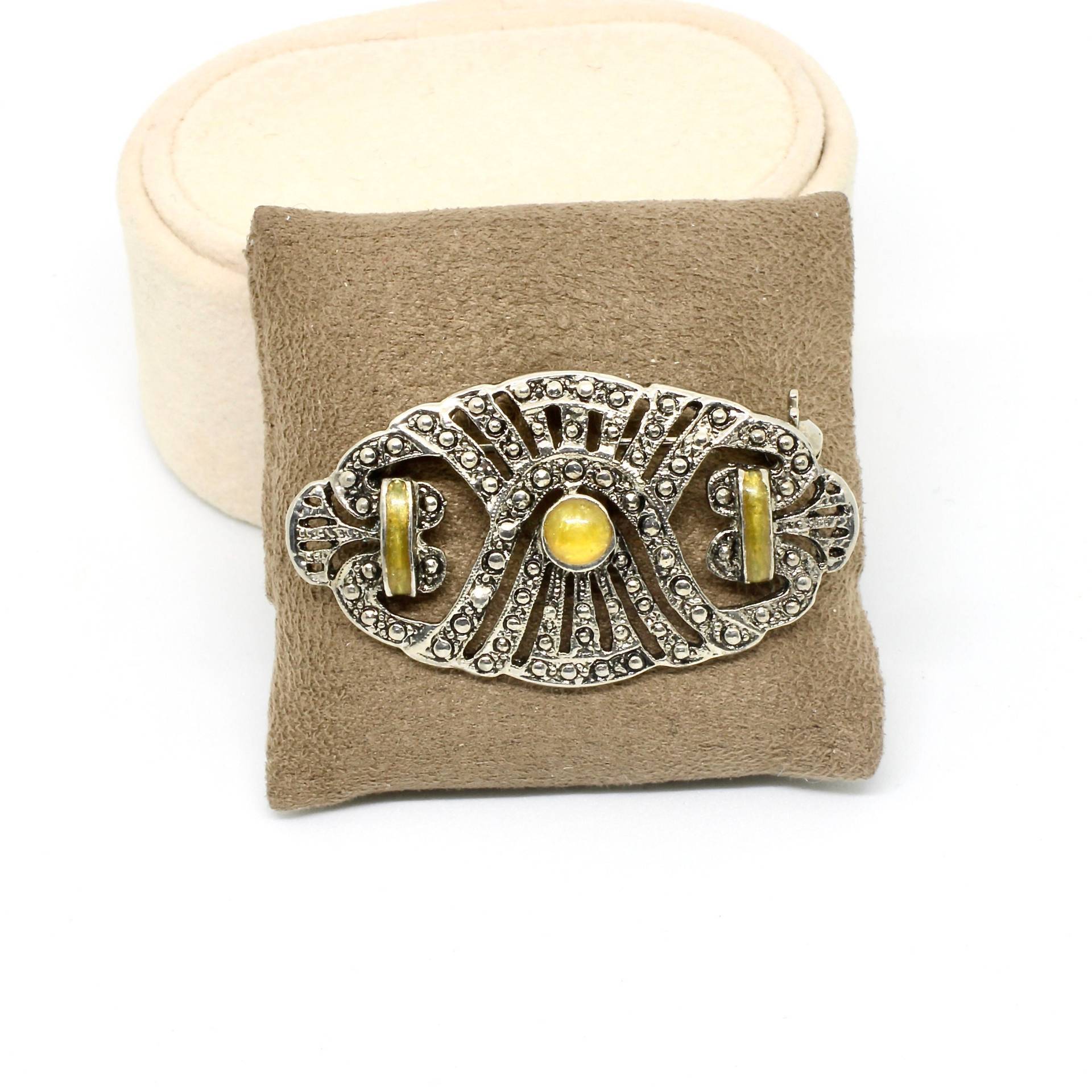 Retro Brosche Oval Silber Farbe Art Deco Stil Gelb Emaille Elegant 50Er Jahre Für Hochzeit Damenbrosche von schmuckvintage2020