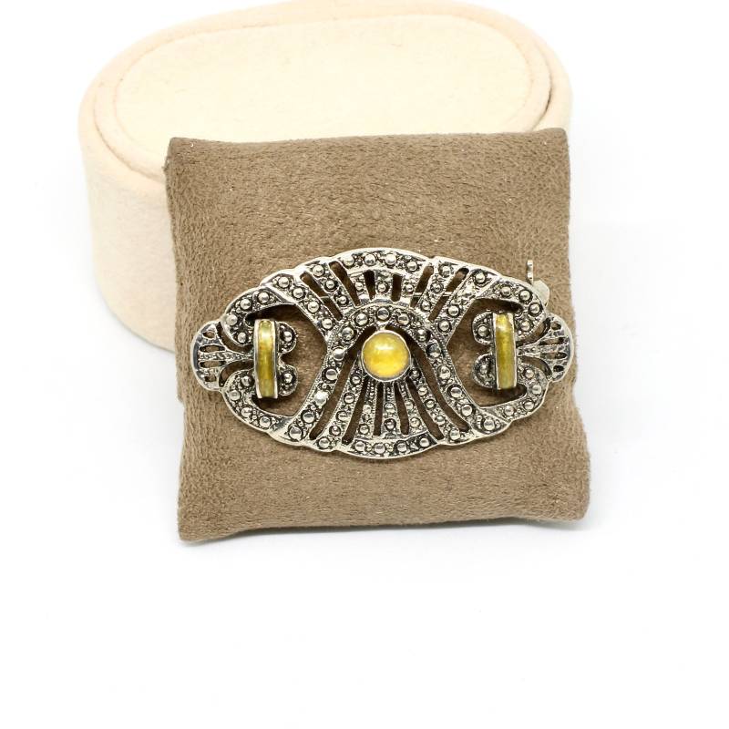 Retro Brosche Oval Silber Farbe Art Deco Stil Gelb Emaille Elegant 50Er Jahre Für Hochzeit Damenbrosche von schmuckvintage2020