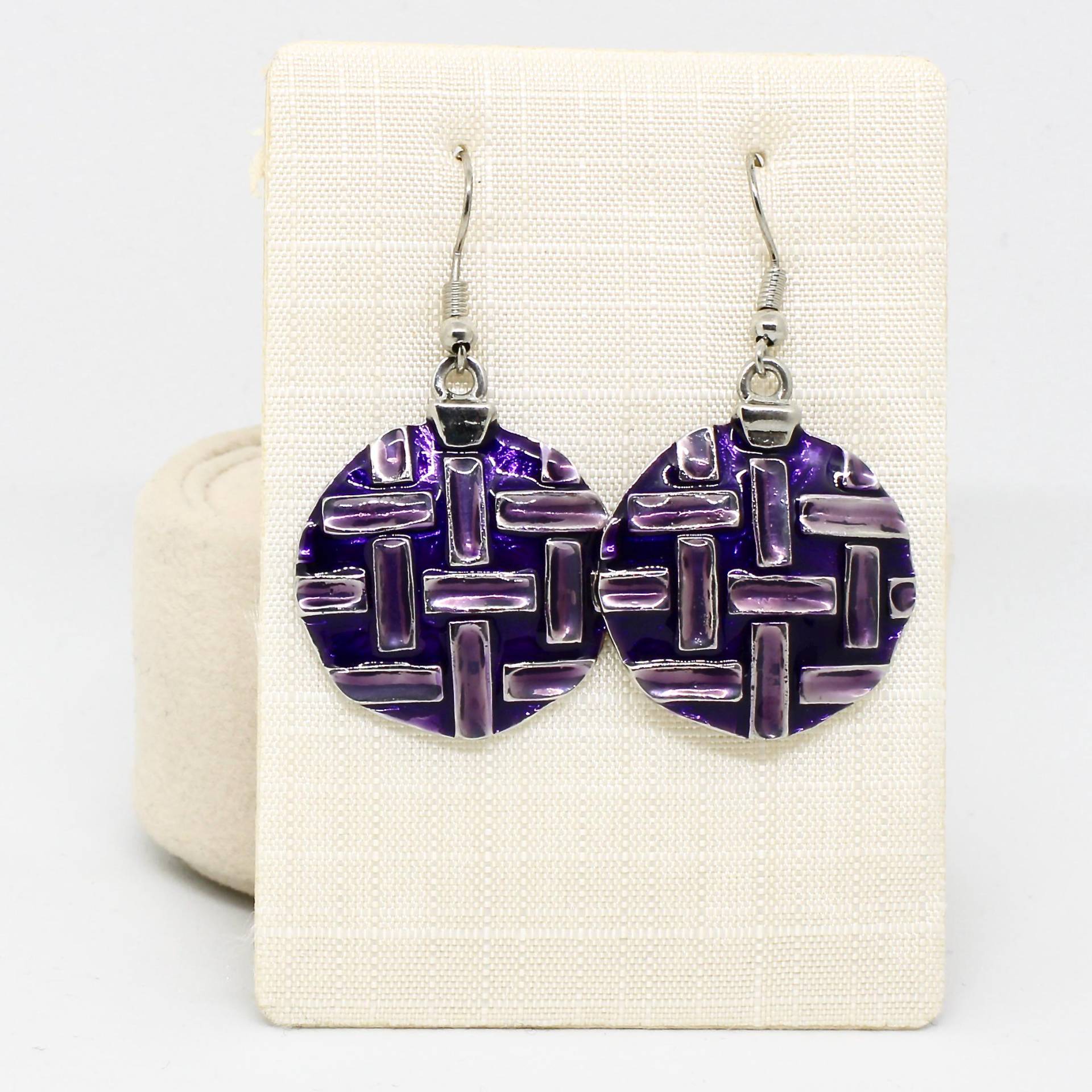 Schrille Ohrringe Hängend Rund Glasiert Lila Violett Silberfarbe Vintage 80Er Jahre von schmuckvintage2020