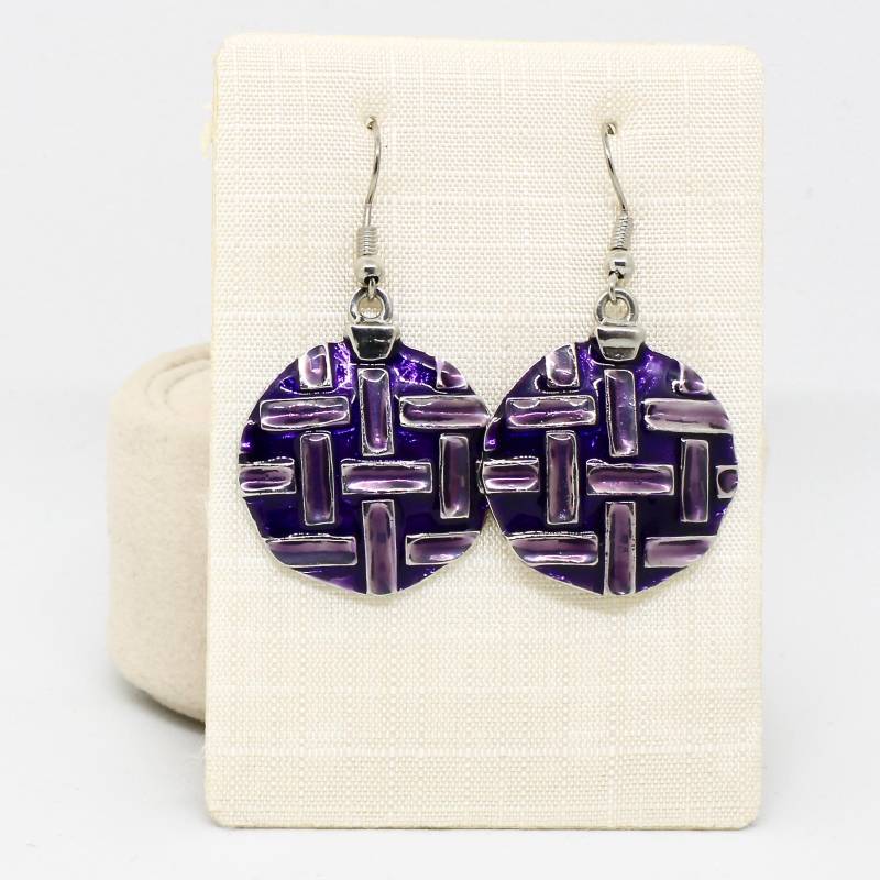 Schrille Ohrringe Hängend Rund Glasiert Lila Violett Silberfarbe Vintage 80Er Jahre von schmuckvintage2020