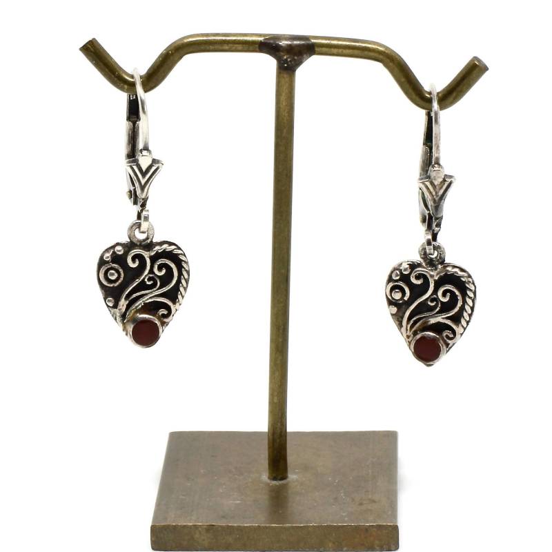 Süsse Herzohrringe Hängend Karneol Stein 925 Silber Verschnörkelt Trachten Ohrschmuck Klappbrisur Volksfest von schmuckvintage2020