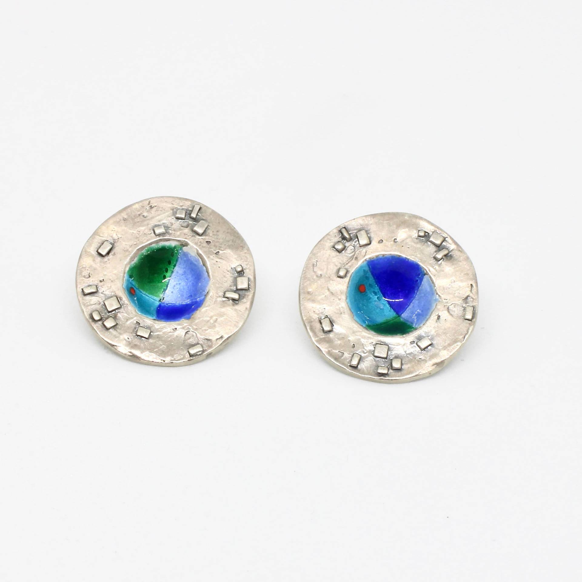Unikat Ohrstecker Ohrringe 925 Silber Rund Emaille Dunkelblau Hellblau Grün Selten von schmuckvintage2020