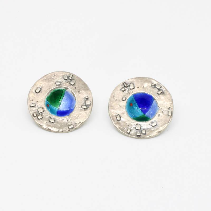 Unikat Ohrstecker Ohrringe 925 Silber Rund Emaille Dunkelblau Hellblau Grün Selten von schmuckvintage2020