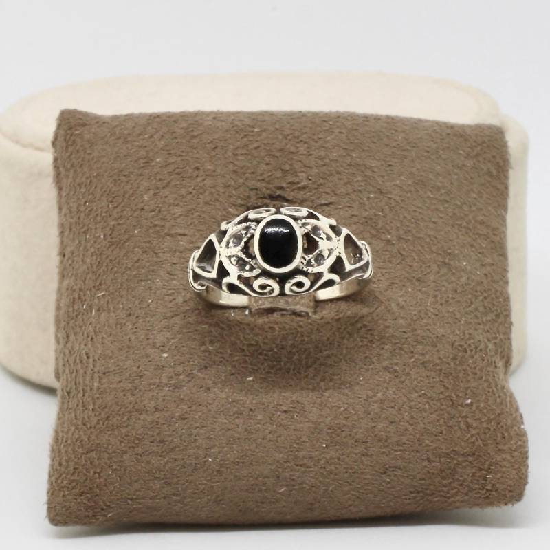Verspielter Ring Ovaler Onyx Stein Schwarz 925 Silber Verschnörkelt Gr.56 Mädchenring von schmuckvintage2020