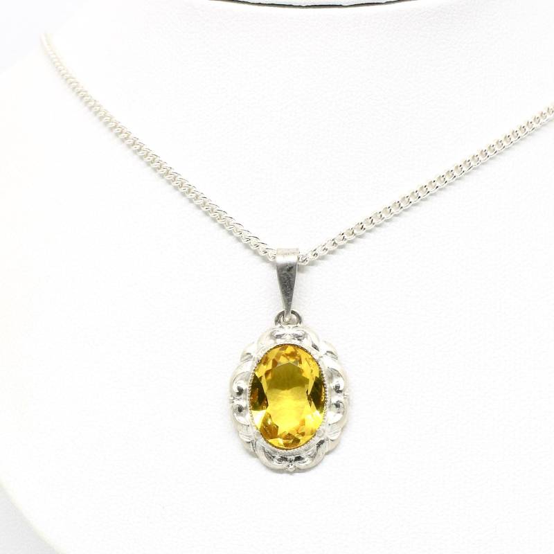 Vintage Anhänger Gelber Kristall Stein Geschliffen Mit Halskette Kette Silberfarbe Schmuckset 50Er Jahre Für Frau von schmuckvintage2020