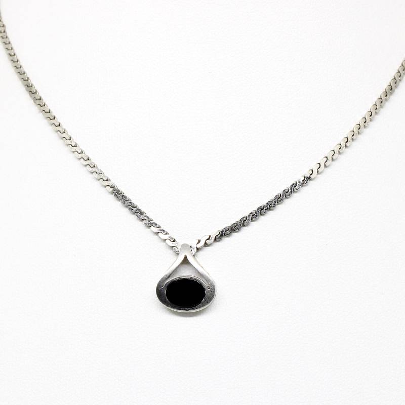 Vintage Collier Halskette Onyx Stein Befestigt 935 Silber Rhodiniert Flach Auffliegend 60Er Jahre Damenkette Geschenk von schmuckvintage2020