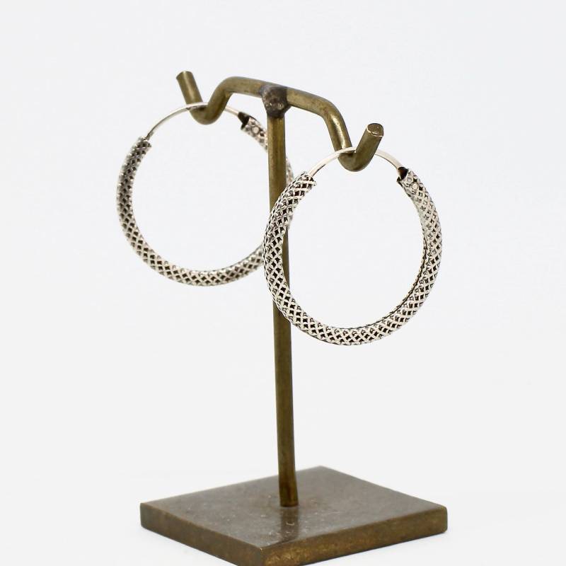 Vintage Creolen Ohrringe Reifen Ohrcreolen Karomuster 925 Silber Ohrhänger Leicht Modern von schmuckvintage2020