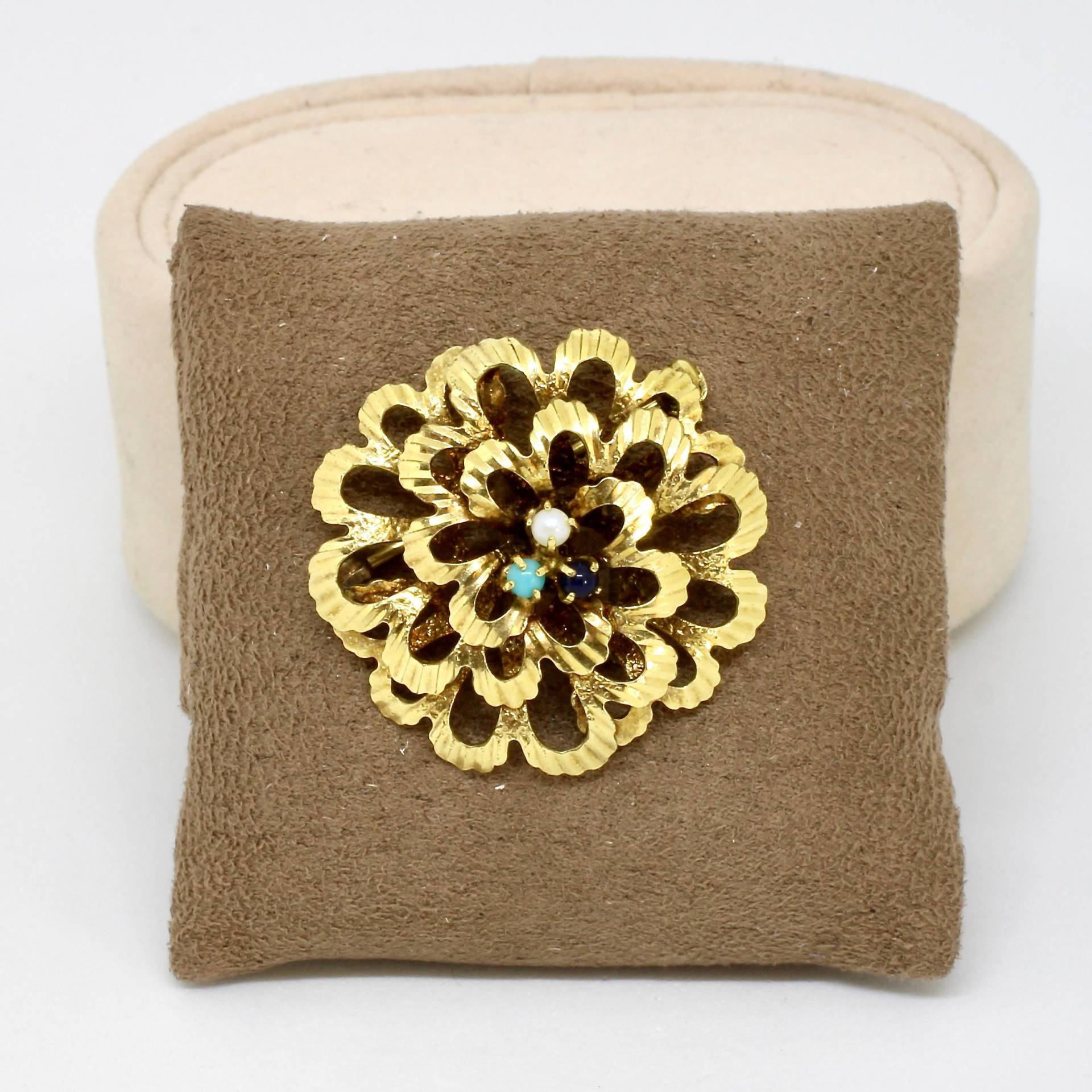 Vintage Gold Double Brosche Blume Kleine Kugeln in Blau , Türkis Und Weiß Sp Speidel 50Er Jahre Festlich Damenbrosche von schmuckvintage2020