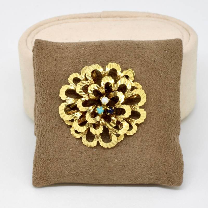 Vintage Gold Double Brosche Blume Kleine Kugeln in Blau , Türkis Und Weiß Sp Speidel 50Er Jahre Festlich Damenbrosche von schmuckvintage2020