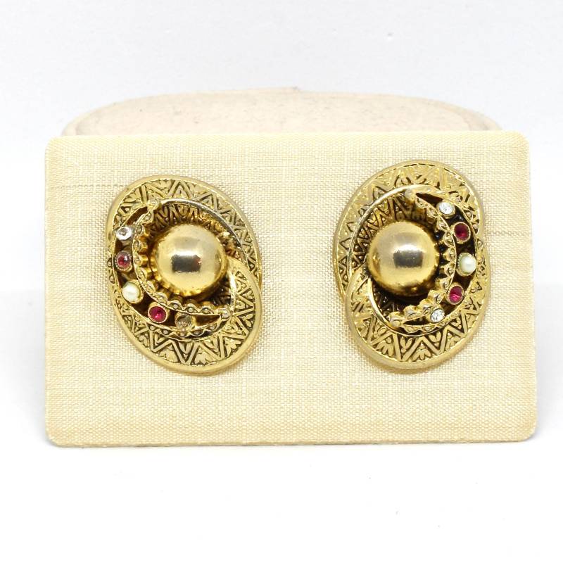 Vintage Ohrclips Gold Farbe Oval Rote Weiße Steine Und Kunstperlen Ornella Bijoux Italien Festlich Für Frau von schmuckvintage2020