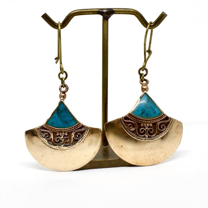 Vintage Ohrringe Messing Türkis Stein Blau Hängend Beweglich Modern von schmuckvintage2020