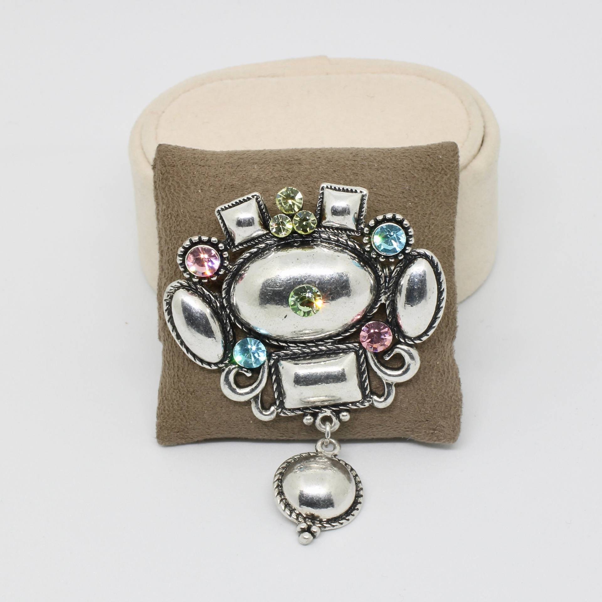 Wuchtige Brosche Silberfarbig Kristallglas Steine Rosa, Blau, Grün Beweglich Modern Zeitlos , Damen-Brautschmuck von schmuckvintage2020