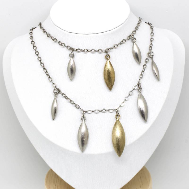 statement 925 Silber Kette Halskette Gliederkette Zweireihig Tropfen Matt Gold Festlich Bicolor Elegant Damen von schmuckvintage2020