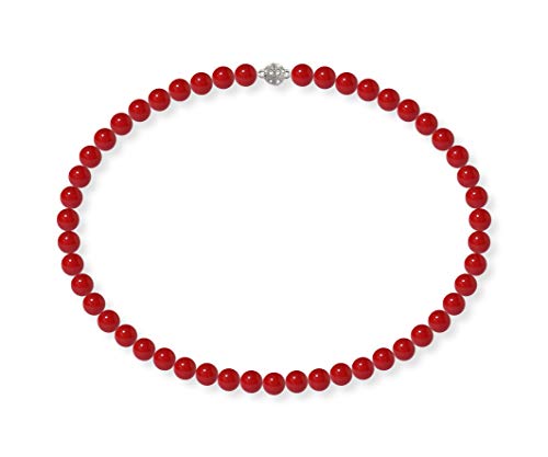 Schmuckwilli Perlenkette für Damen - 42cm Länge mit 8mm großen roten runden Mallorca Perlen - Elegante Muschelkernperlen Kette für jeden Anlass von Schmuckwilli