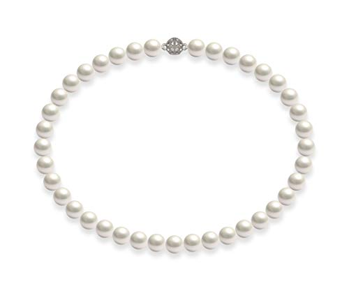 Schmuckwilli Perlenkette für Damen - 45cm Länge mit 10mm großen weißen runden Mallorca Perlen - Elegante Muschelkernperlen Kette für jeden Anlass von Schmuckwilli