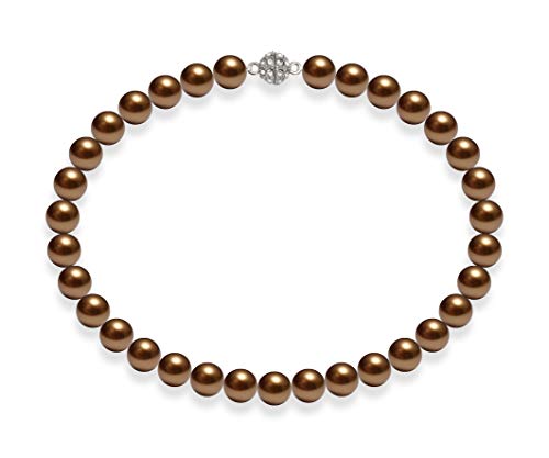 Schmuckwilli Perlenkette für Damen - 45cm Länge mit 12mm großen braunen runden Mallorca Perlen - Elegante Muschelkernperlen Kette für jeden Anlass von Schmuckwilli