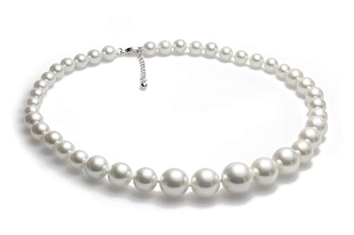 Schmuckwilli Perlenkette für Damen - 45cm Länge mit 6-18mm großen weißen runden Mallorca Perlen - Elegante Muschelkernperlen Kette für jeden Anlass - Halskette von Schmuckwilli